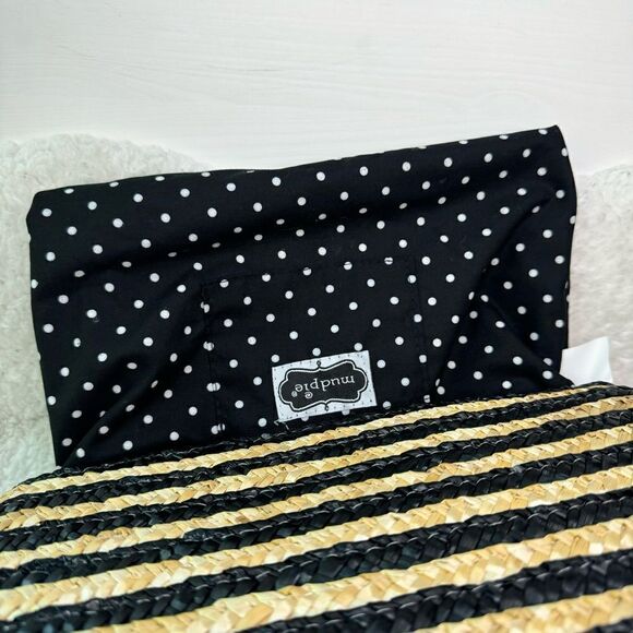 MudPie Clutch Flower Handbag Natural Woven Wheat Straw black Gold Accent Stripes - Picture 12 of 16